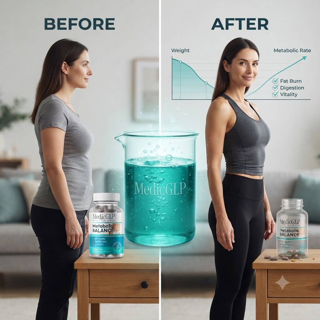 Before and after using MedicGLP — weight down, metabolic rate up, with fat burn, digestion and vitality supported