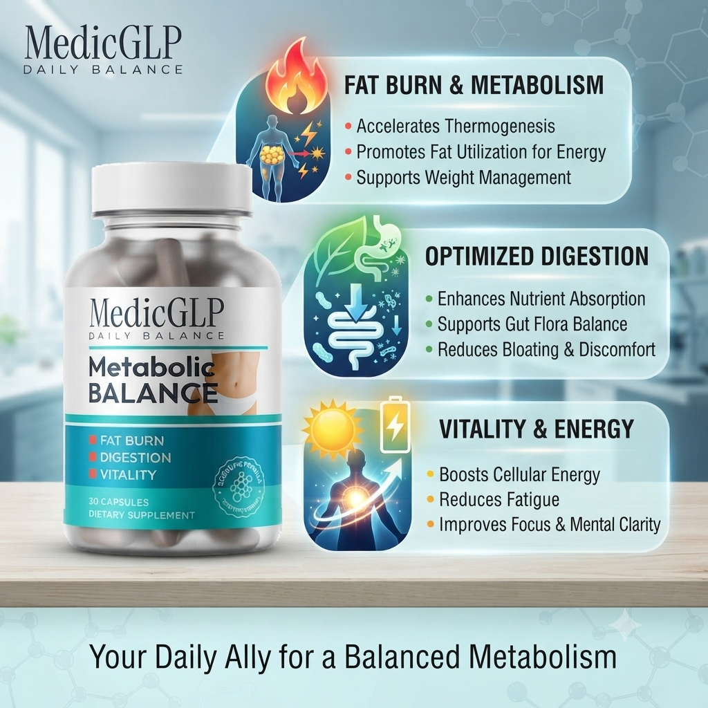 MedicGLP Metabolic Balance bottle with its three core benefits: fat burn, digestion and vitality