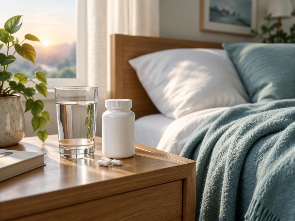 A calm morning bedroom scene with a glass of water and a supplement bottle on a nightstand